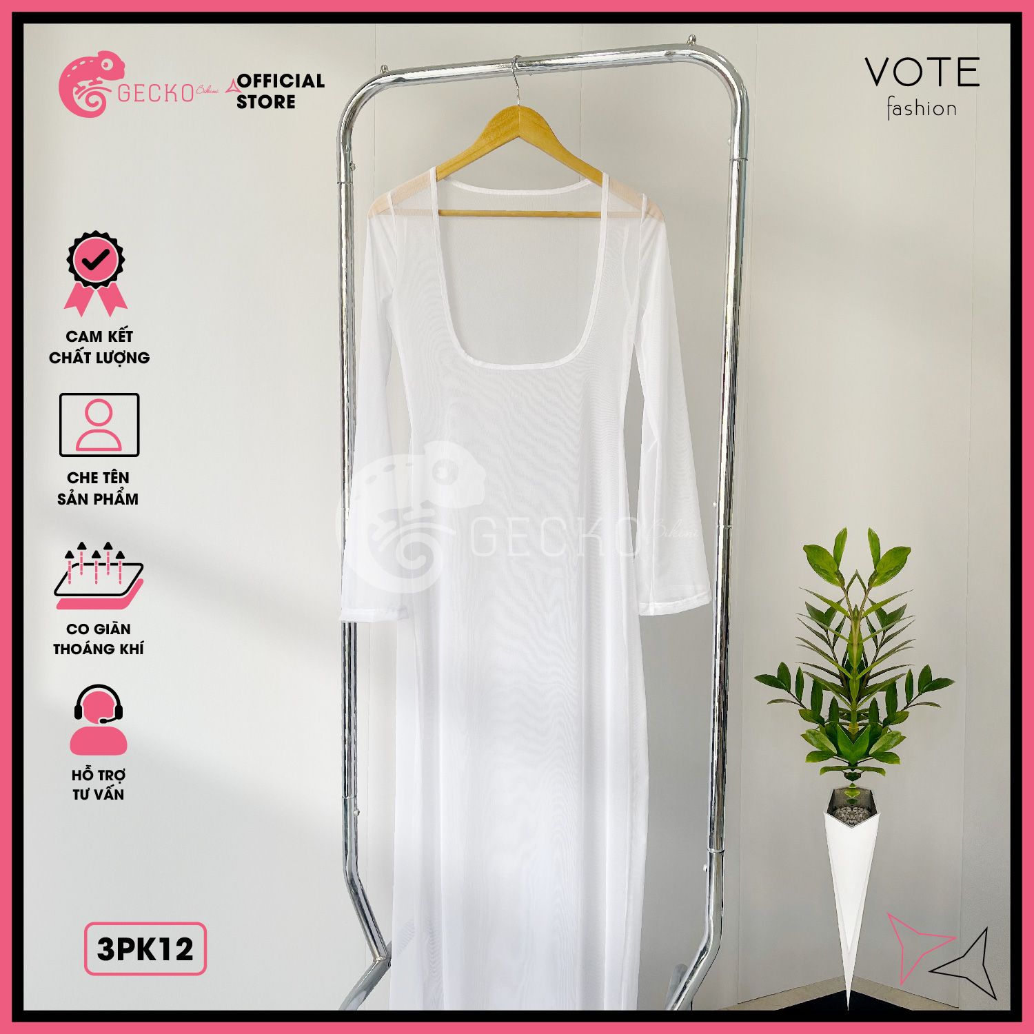 Áo Lưới Body Dáng Dài Mặc Kèm Bikini Tay Loe Xuyên Thấu GECKO 3PK12 
