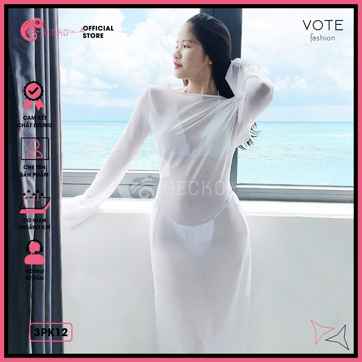  Áo Lưới Body Dáng Dài Mặc Kèm Bikini Tay Loe Xuyên Thấu GECKO 3PK12 