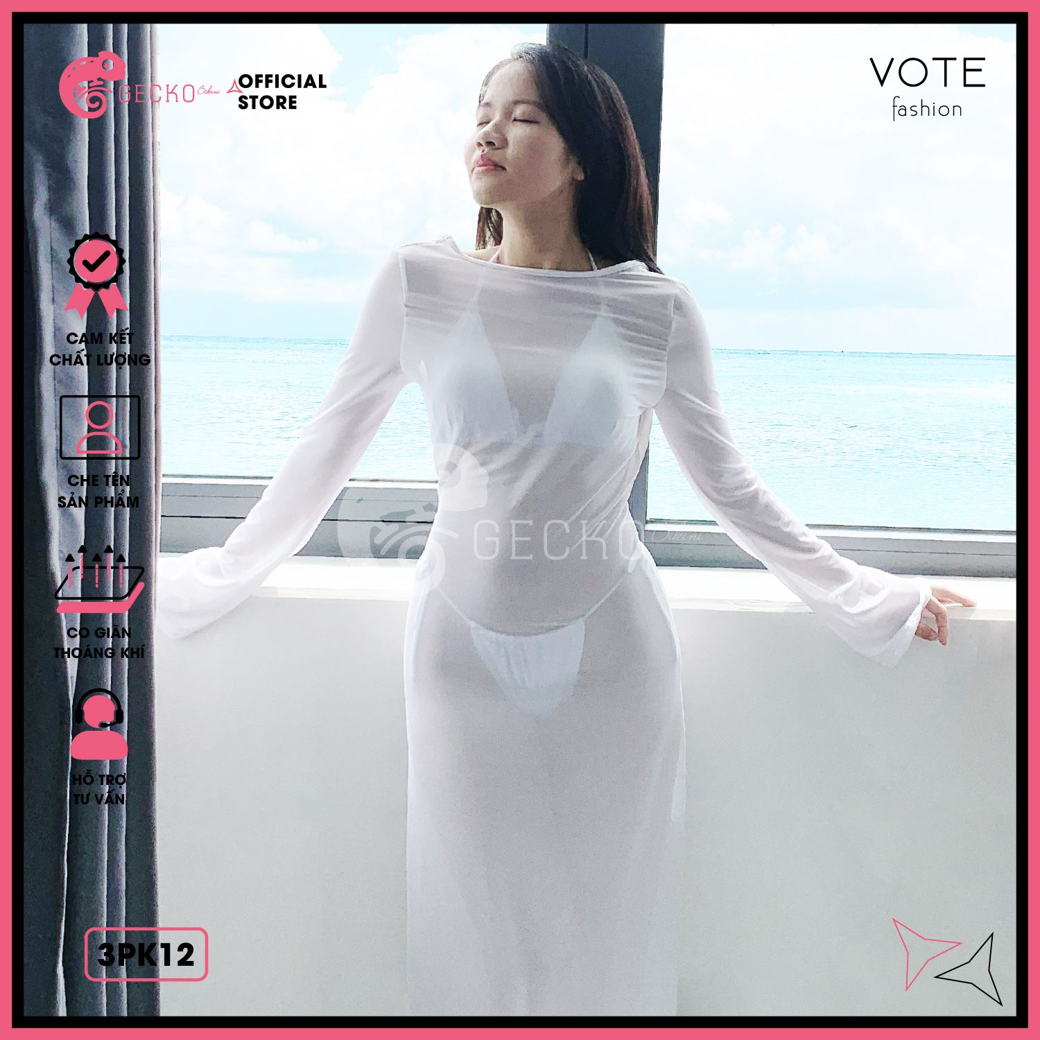  Áo Lưới Body Dáng Dài Mặc Kèm Bikini Tay Loe Xuyên Thấu GECKO 3PK12 