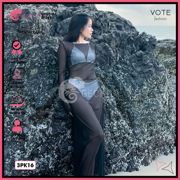  Áo Lưới Body Dáng Dài Mặc Kèm Bikini Trễ Vai Xuyên Thấu GECKO 3PK16 