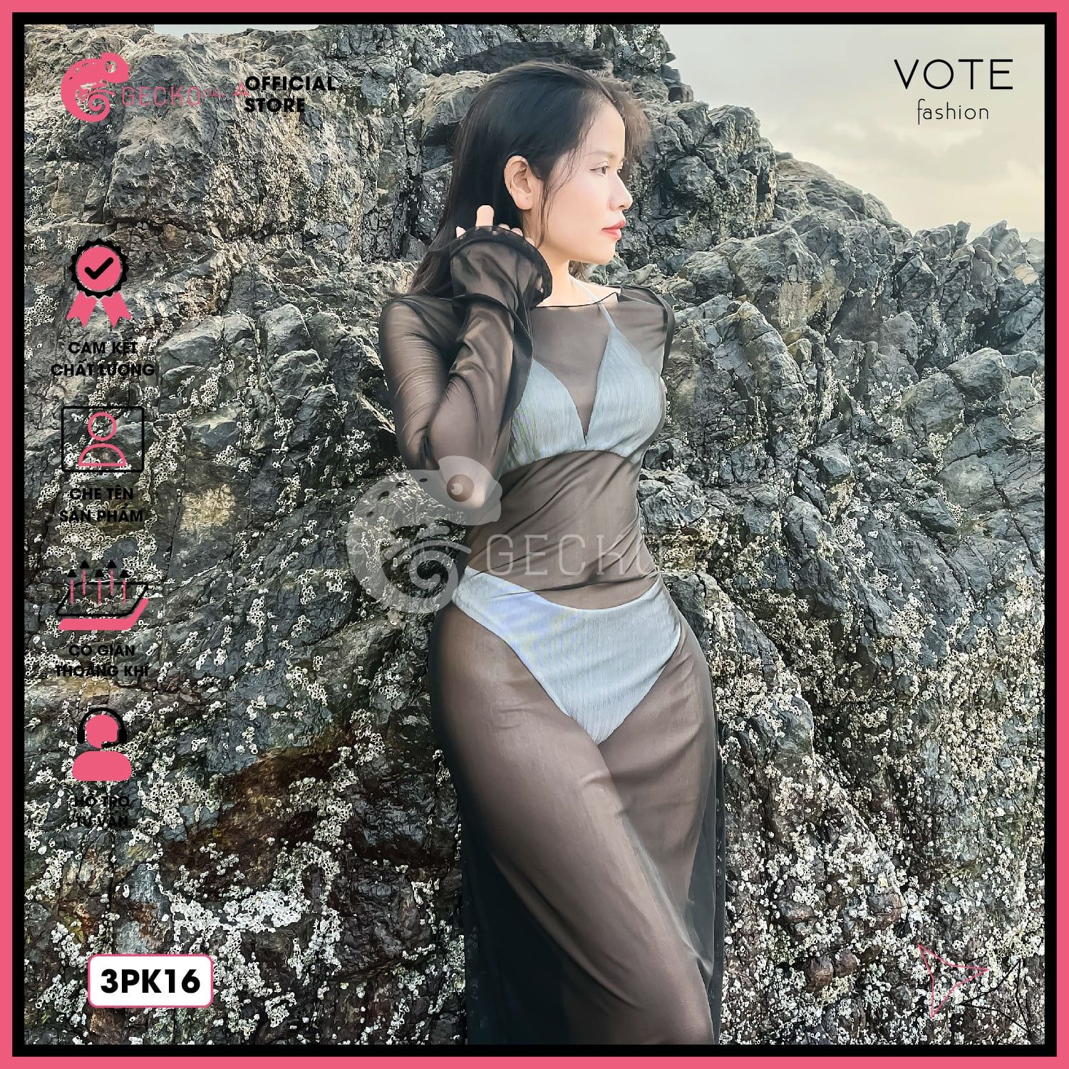  Áo Lưới Body Dáng Dài Mặc Kèm Bikini Trễ Vai Xuyên Thấu GECKO 3PK16 