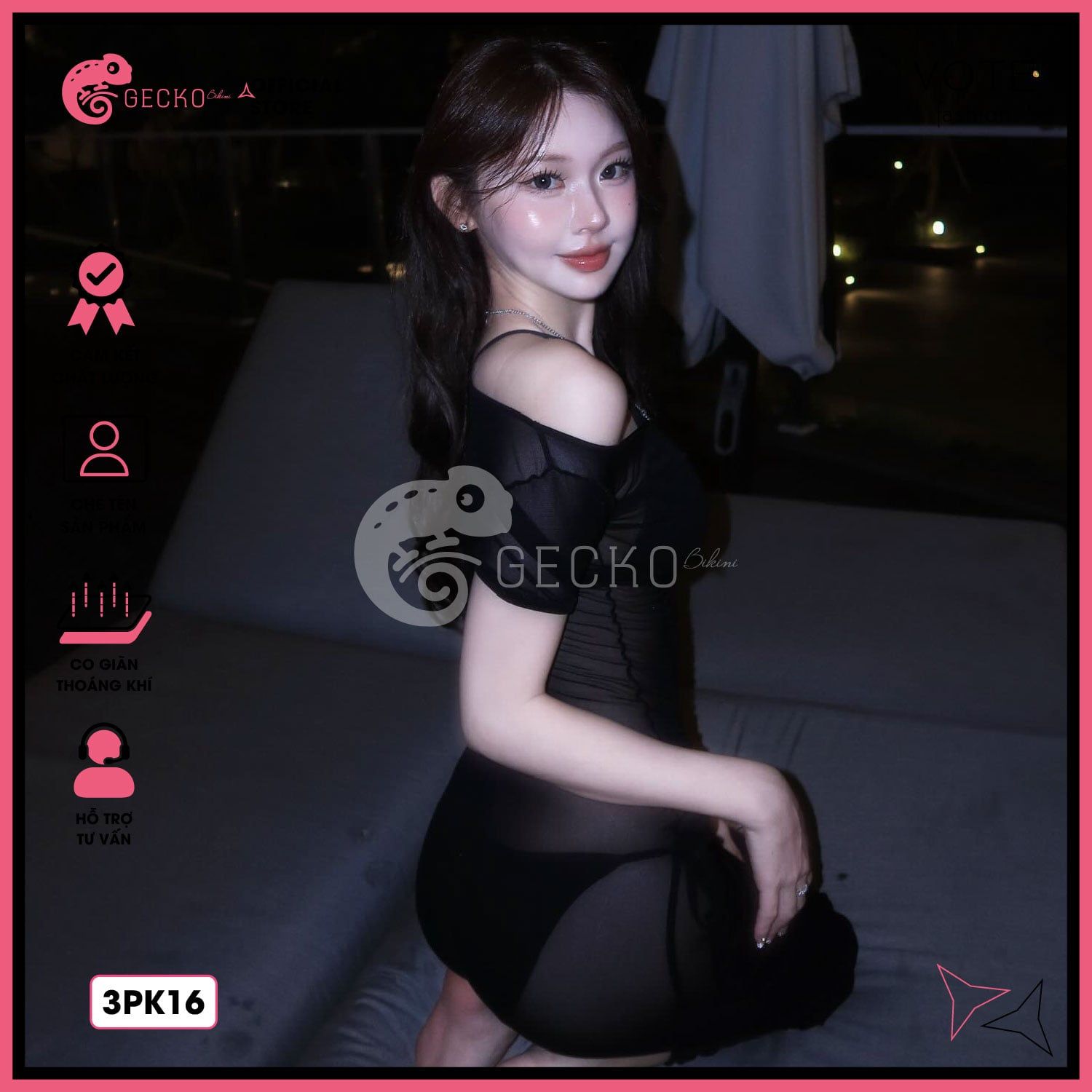  Áo Lưới Body Dáng Dài Mặc Kèm Bikini Trễ Vai Xuyên Thấu GECKO 3PK16 