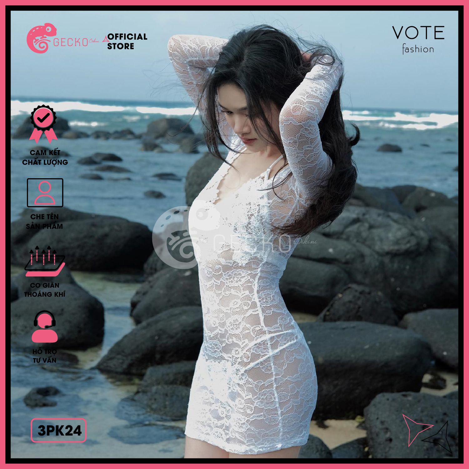  Áo Lưới Ren Hoạ Tiết Hoa Xuyên Thấu Mặc Kèm Bikini Ôm Body Dáng Ngắn GECKO 3PK24 