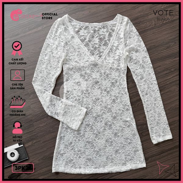  Áo Lưới Ren Hoạ Tiết Hoa Xuyên Thấu Mặc Kèm Bikini Ôm Body Dáng Ngắn GECKO 3PK24 