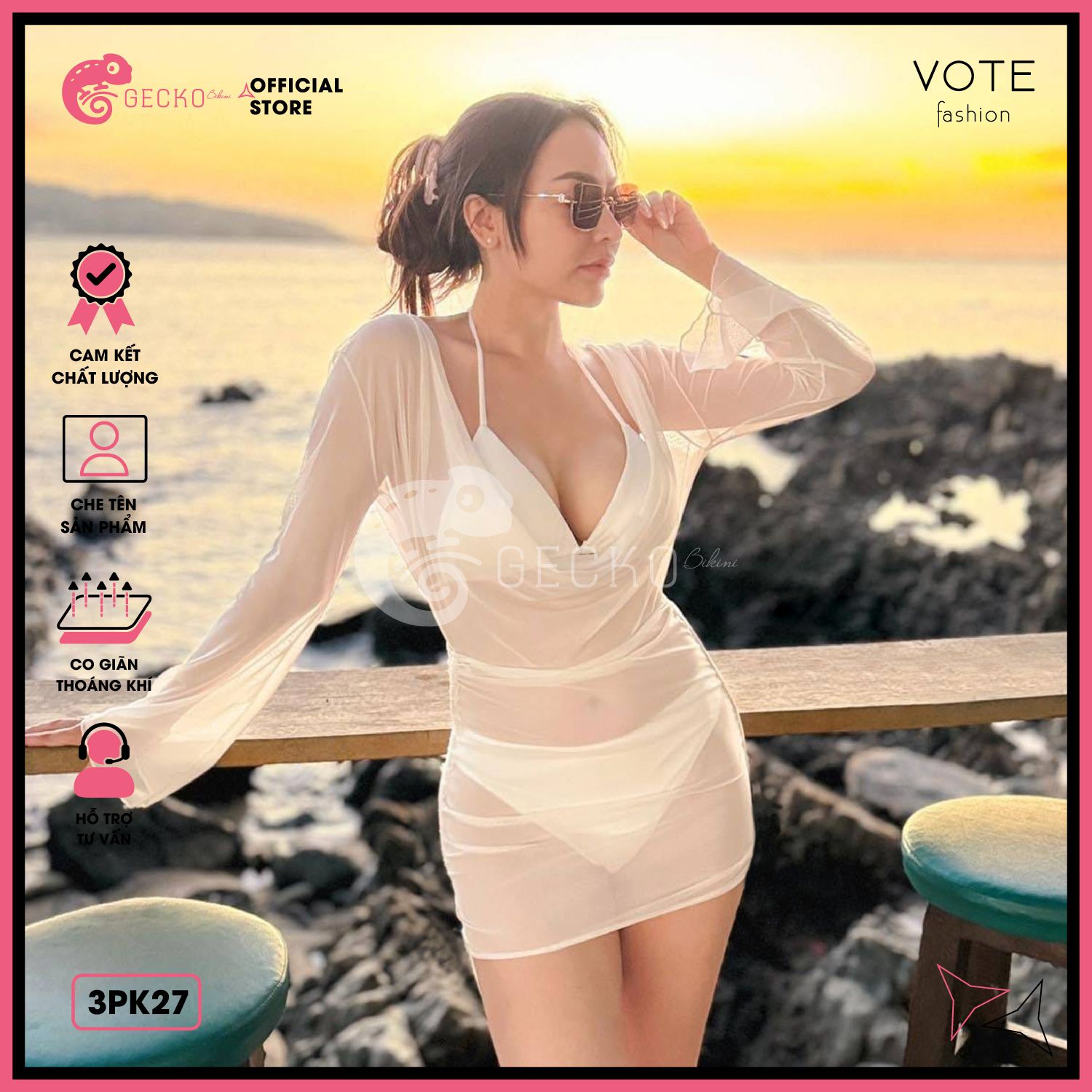  Áo Lưới Cổ Đổ Xuyên Thấu Dáng Ngắn Mặc Ngoài Bikini GECKO 3PK27 