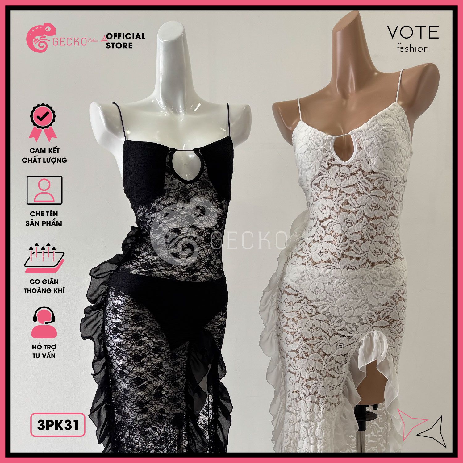  Áo Lưới Ren Bèo Hoạ Tiết Hoa Dáng Dài 2 Dây Mặc Kèm Bikini GECKO 3PK31 