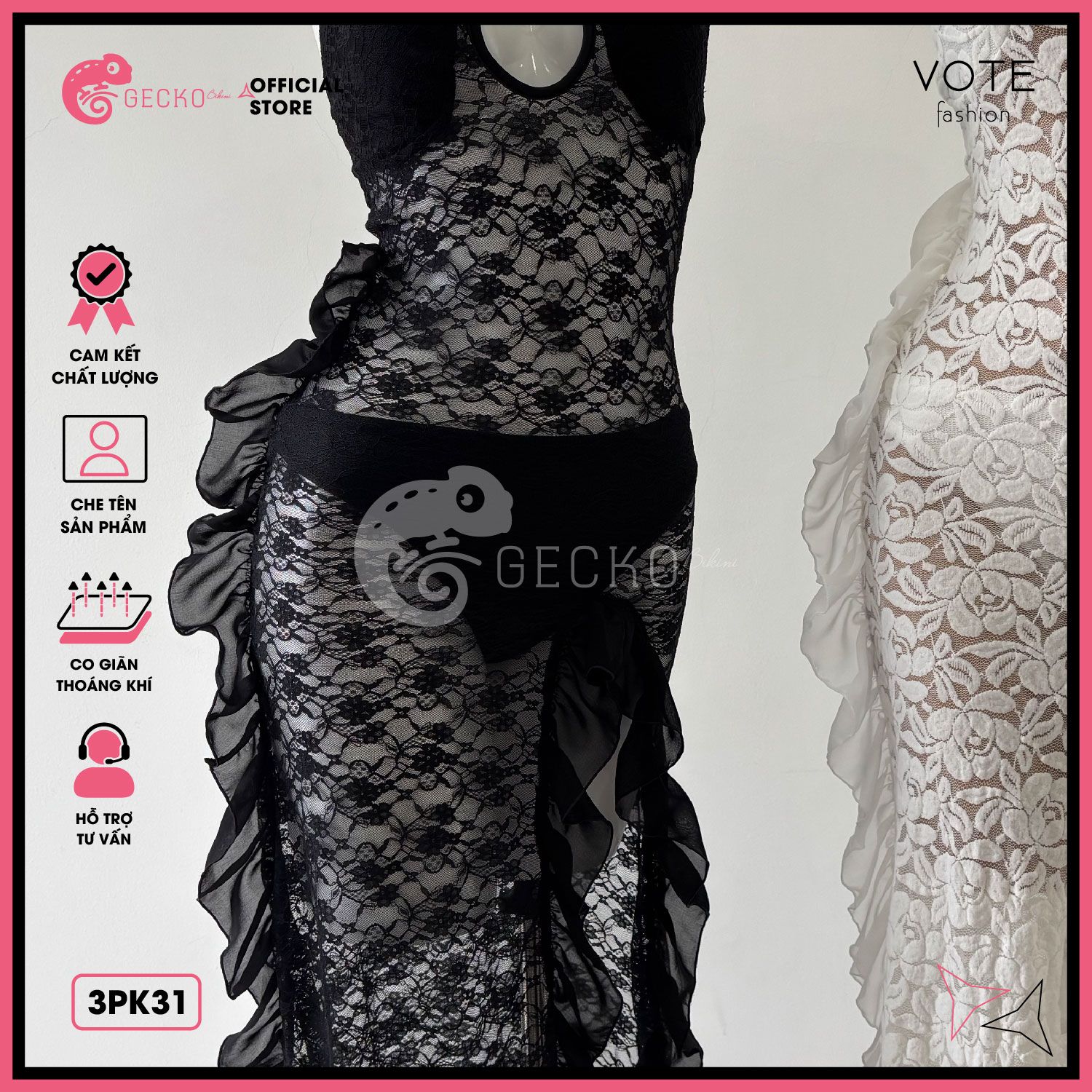  Áo Lưới Ren Bèo Hoạ Tiết Hoa Dáng Dài 2 Dây Mặc Kèm Bikini GECKO 3PK31 