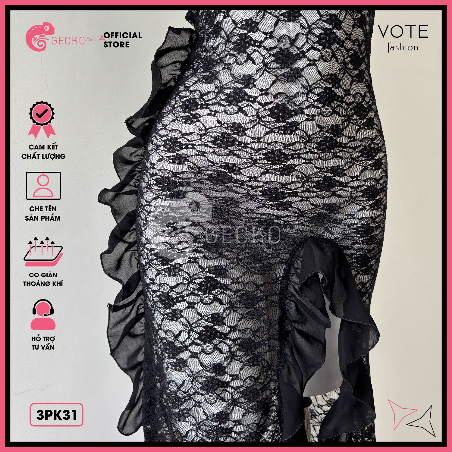  Áo Lưới Ren Bèo Hoạ Tiết Hoa Dáng Dài 2 Dây Mặc Kèm Bikini GECKO 3PK31 