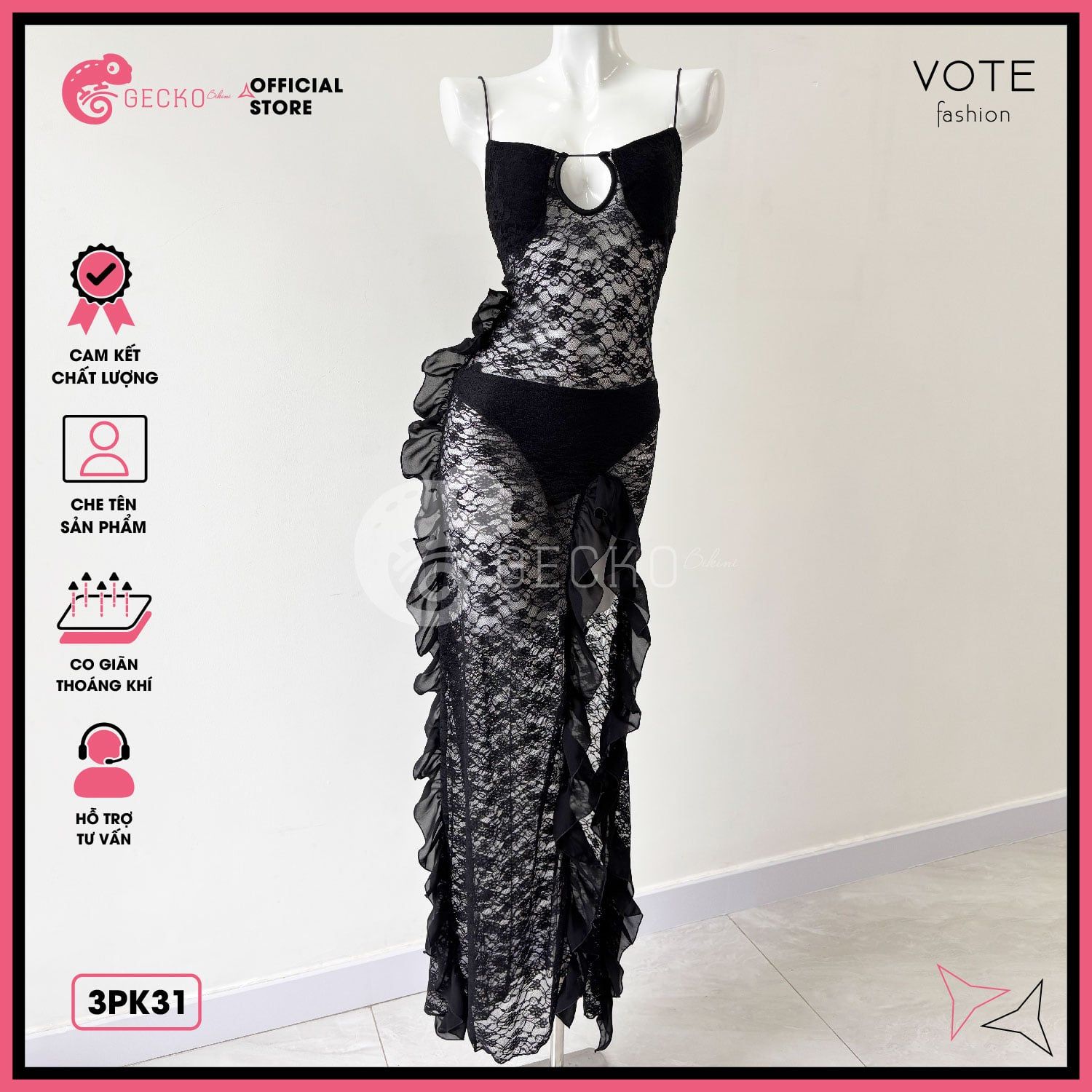  Áo Lưới Ren Bèo Hoạ Tiết Hoa Dáng Dài 2 Dây Mặc Kèm Bikini GECKO 3PK31 