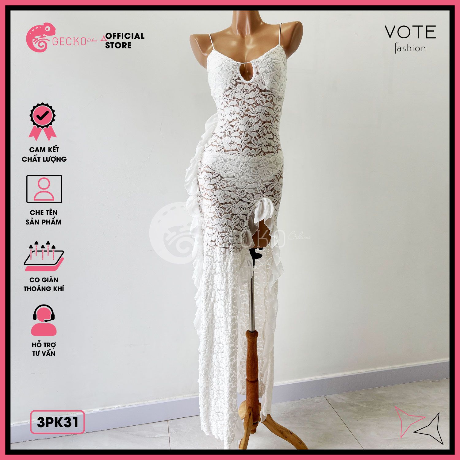  Áo Lưới Ren Bèo Hoạ Tiết Hoa Dáng Dài 2 Dây Mặc Kèm Bikini GECKO 3PK31 