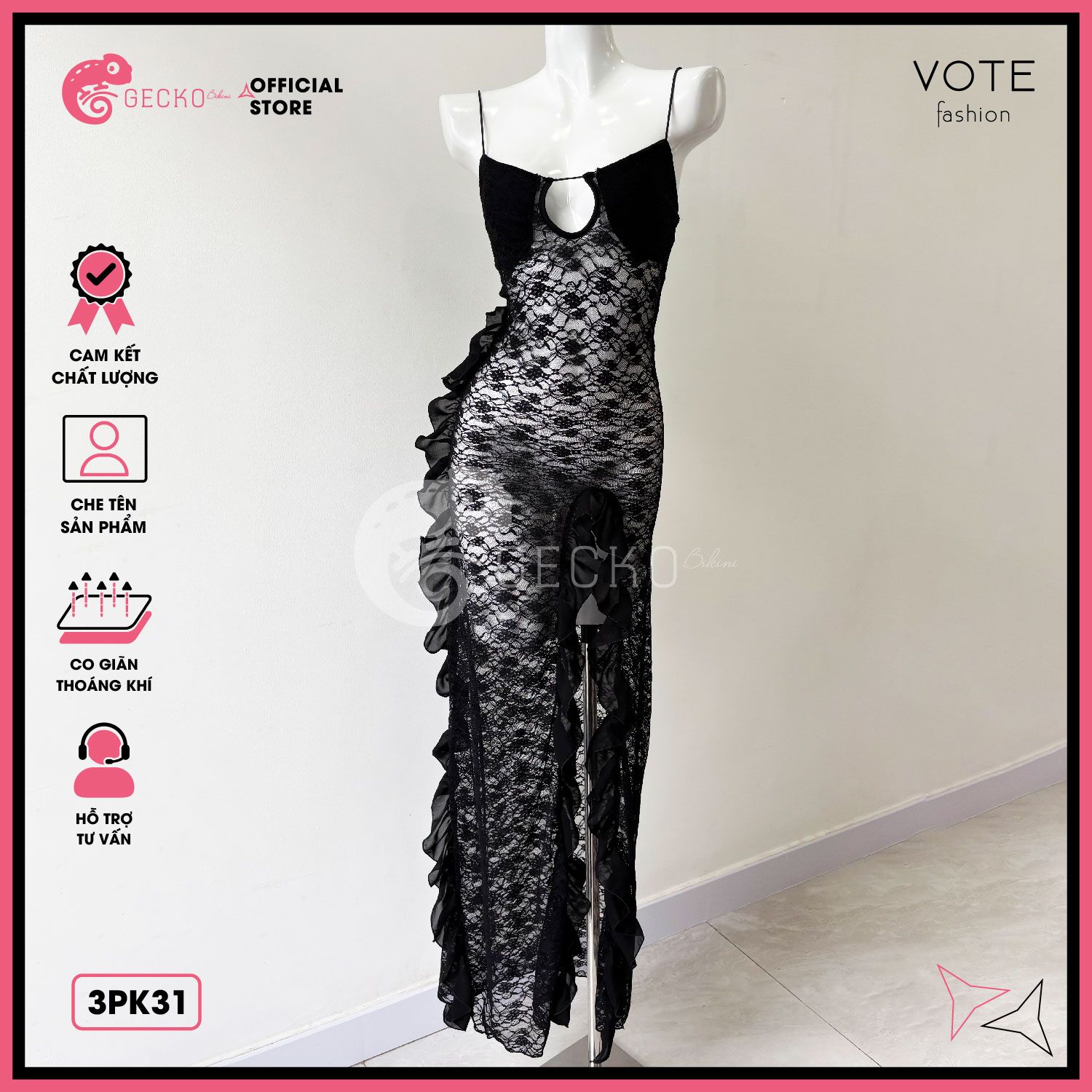  Áo Lưới Ren Bèo Hoạ Tiết Hoa Dáng Dài 2 Dây Mặc Kèm Bikini GECKO 3PK31 