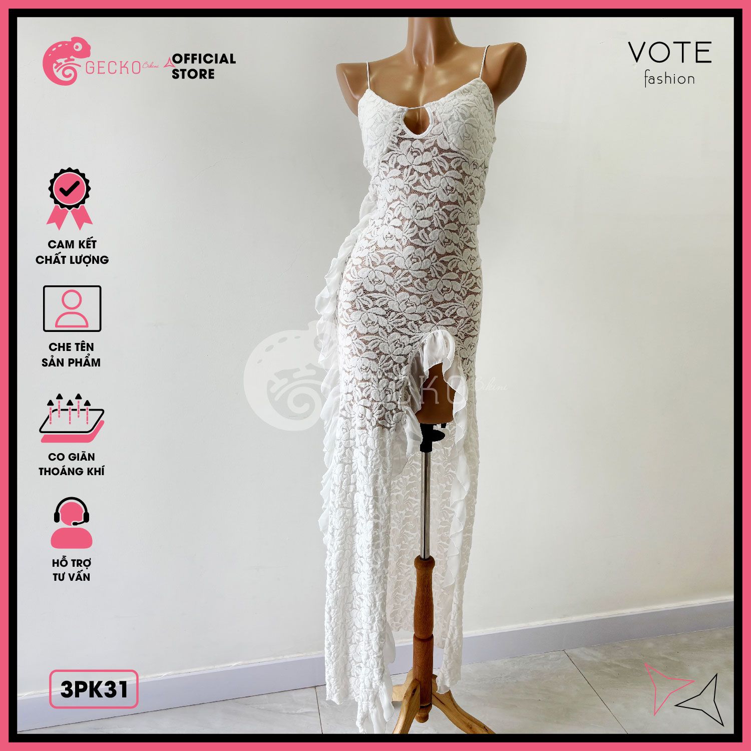  Áo Lưới Ren Bèo Hoạ Tiết Hoa Dáng Dài 2 Dây Mặc Kèm Bikini GECKO 3PK31 