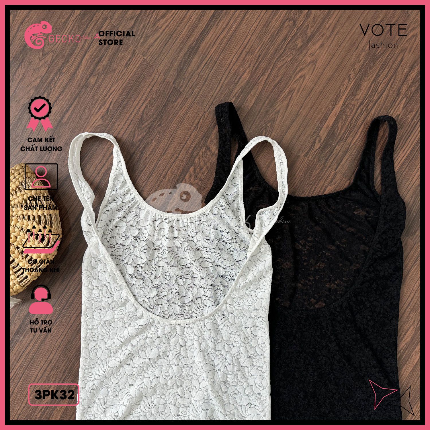  Áo Lưới Ren Hoa 2 Dây Khoét Lưng Mặc Cùng Bikini GECKO 3PK32 