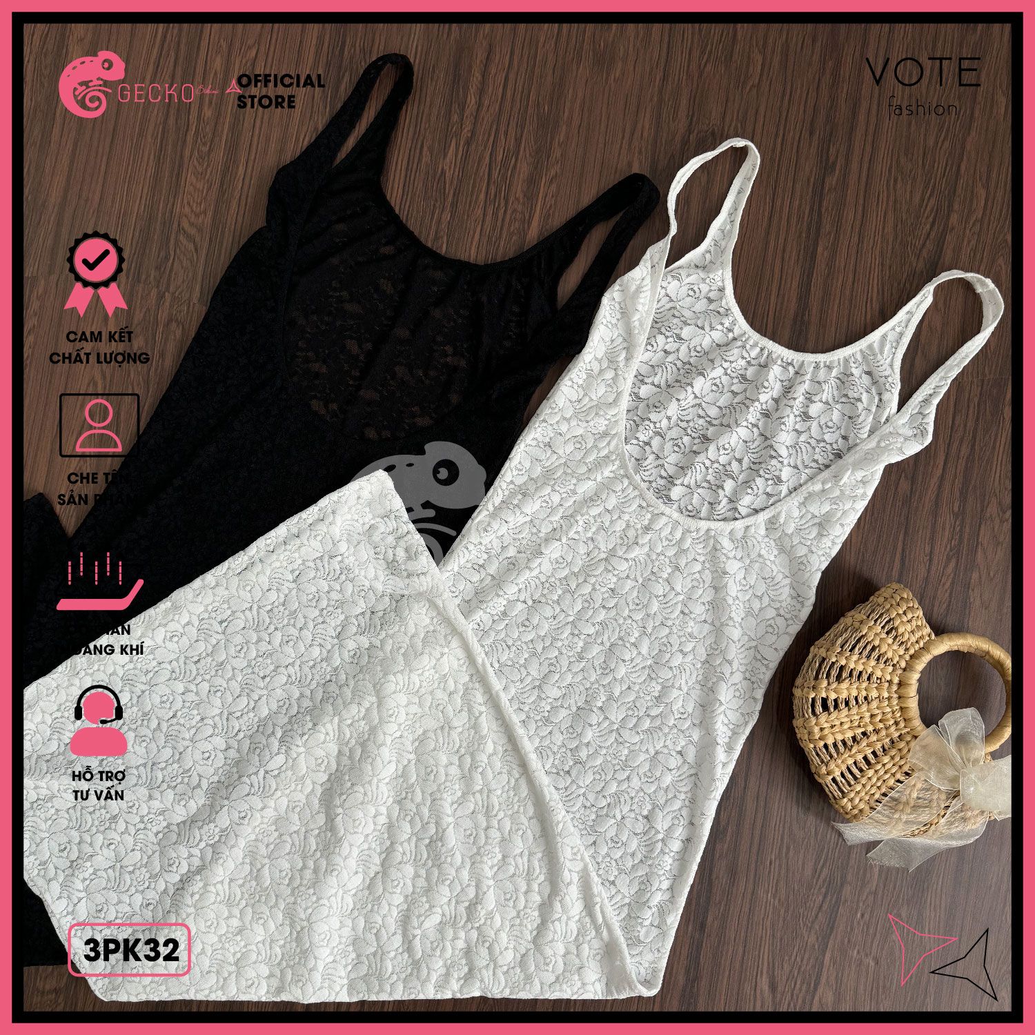  Áo Lưới Ren Hoa 2 Dây Khoét Lưng Mặc Cùng Bikini GECKO 3PK32 