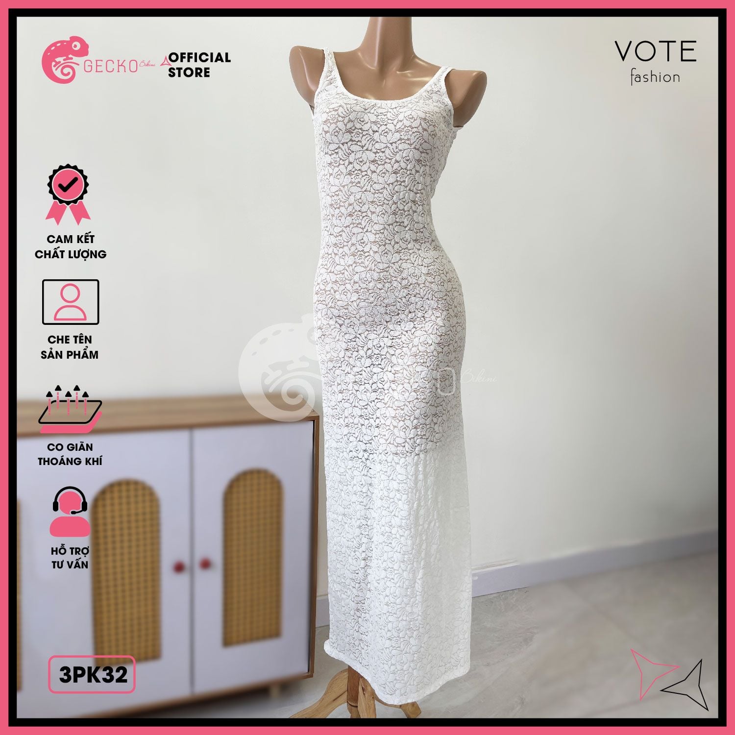  Áo Lưới Ren Hoa 2 Dây Khoét Lưng Mặc Cùng Bikini GECKO 3PK32 