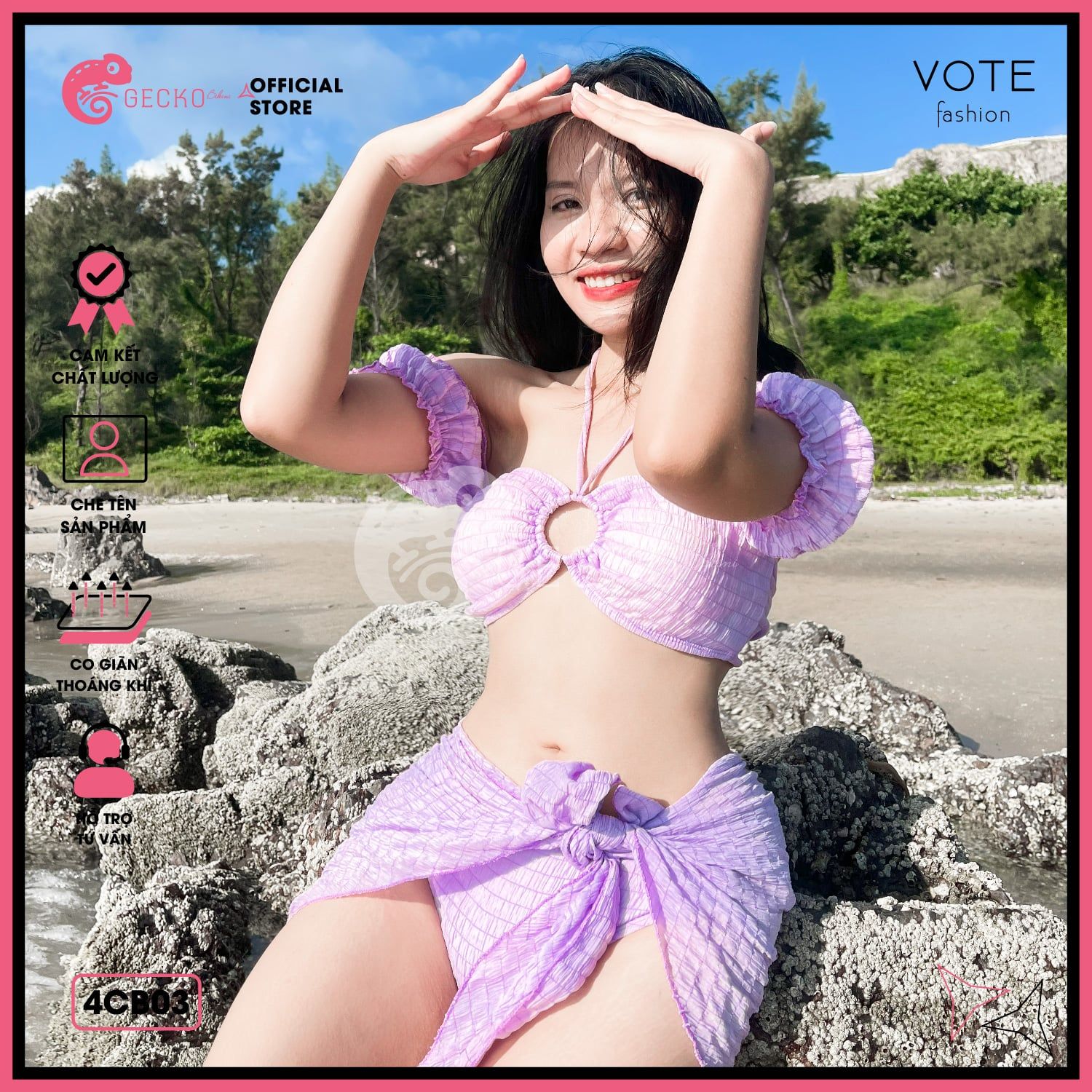  Combo 3 Món Bikini Áo Trễ Vai Chất Xốp Kèm Khăn GECKO 4CB03 