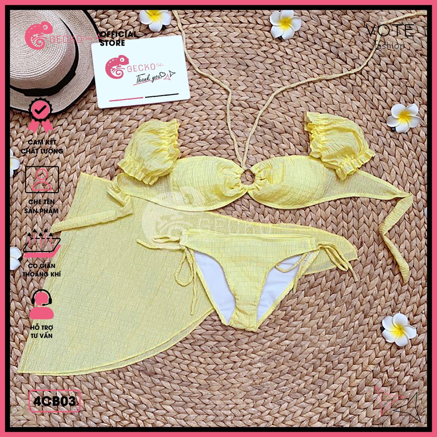  Combo 3 Món Bikini Áo Trễ Vai Chất Xốp Kèm Khăn GECKO 4CB03 