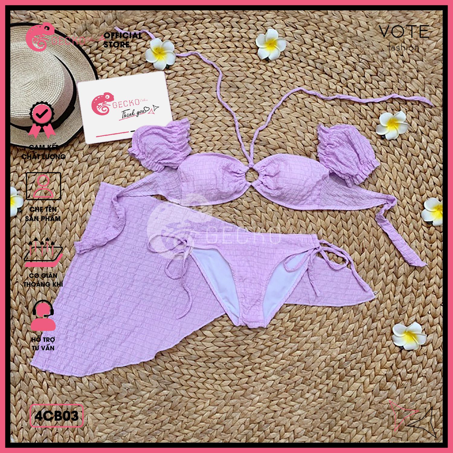  Combo 3 Món Bikini Áo Trễ Vai Chất Xốp Kèm Khăn GECKO 4CB03 