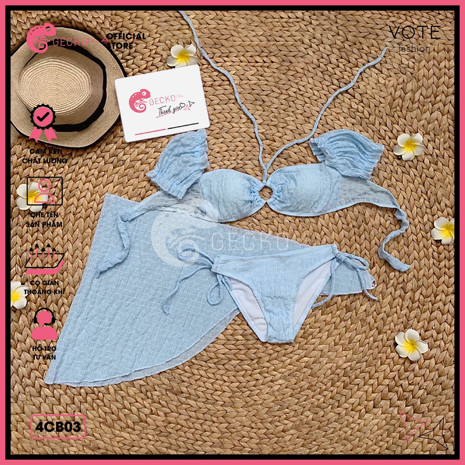  Combo 3 Món Bikini Áo Trễ Vai Chất Xốp Kèm Khăn GECKO 4CB03 