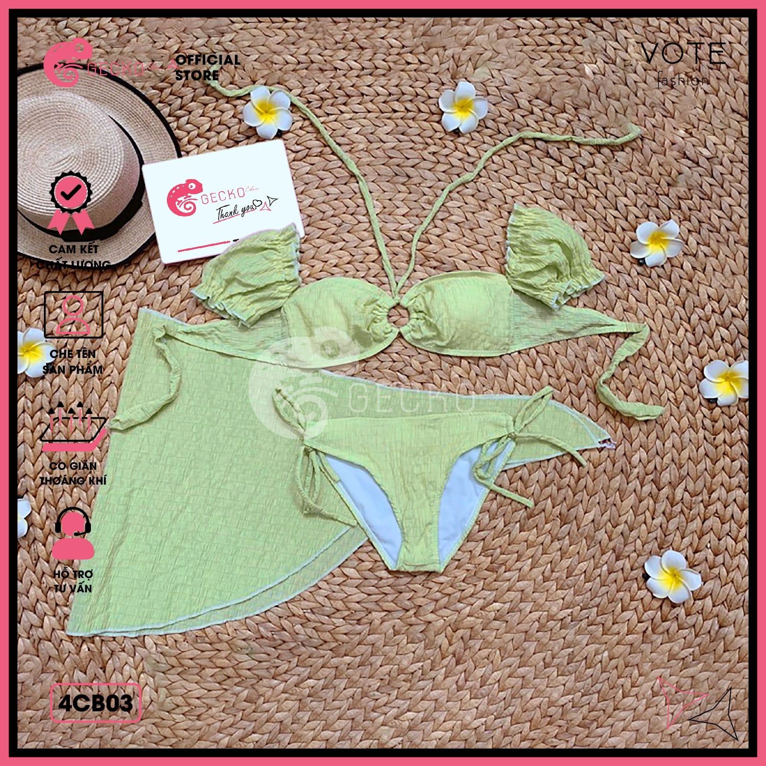  Combo 3 Món Bikini Áo Trễ Vai Chất Xốp Kèm Khăn GECKO 4CB03 