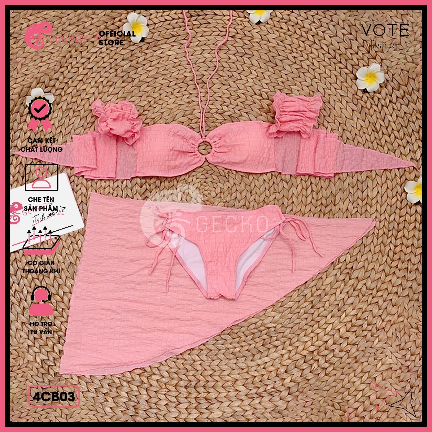  Combo 3 Món Bikini Áo Trễ Vai Chất Xốp Kèm Khăn GECKO 4CB03 