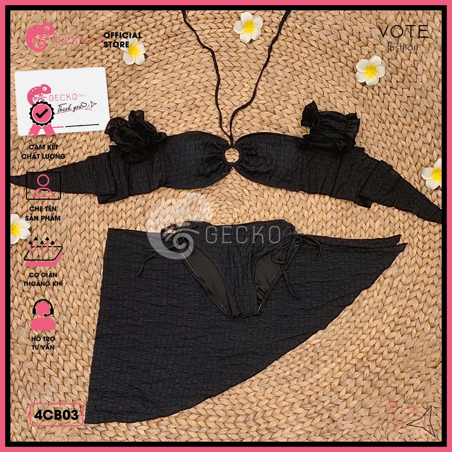 Combo 3 Món Bikini Áo Trễ Vai Chất Xốp Kèm Khăn GECKO 4CB03 
