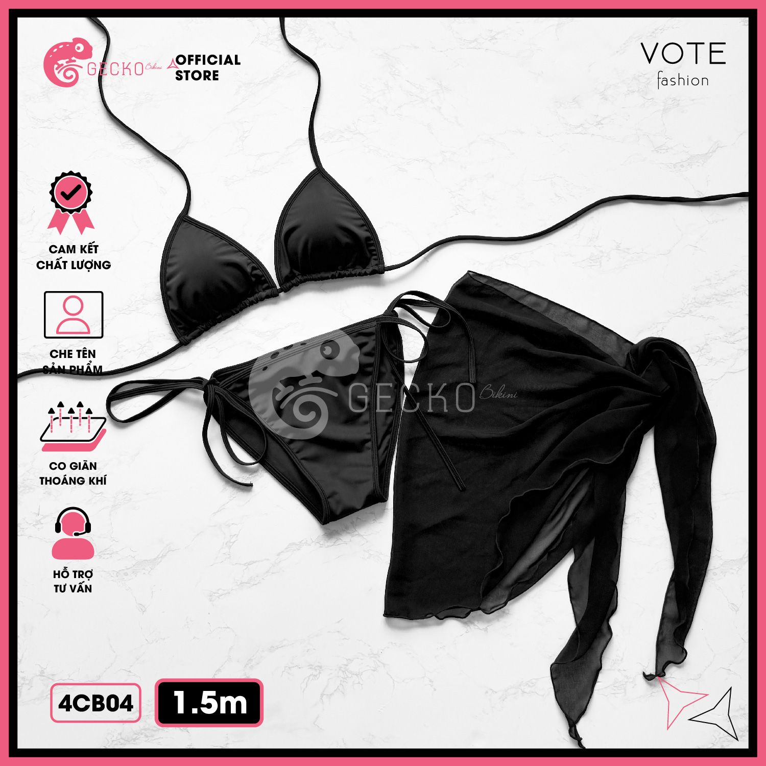  Combo 3 Món Bikini Quần Áo Tam Giác Kèm Khăn Đen GECKO 4CB04 