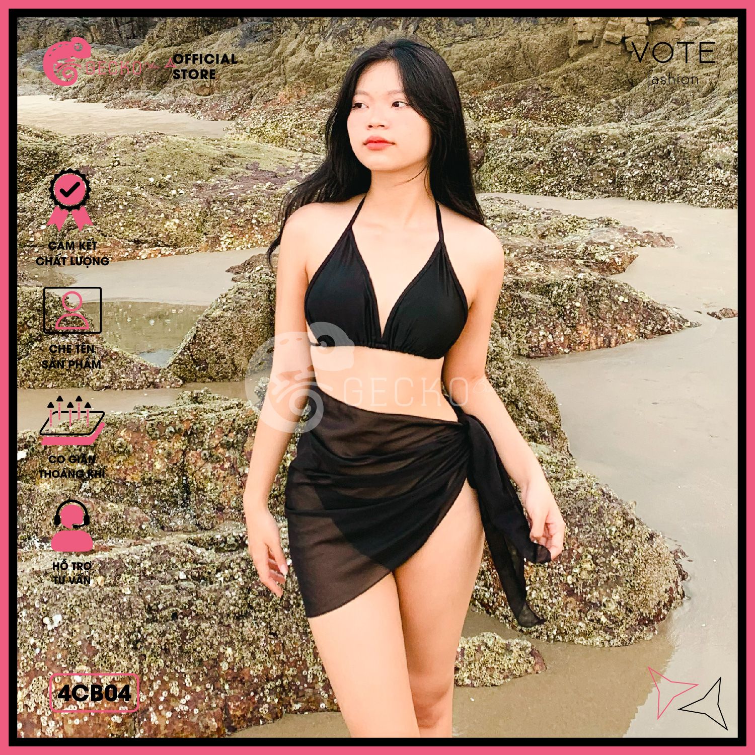  Combo 3 Món Bikini Quần Áo Tam Giác Kèm Khăn Đen GECKO 4CB04 