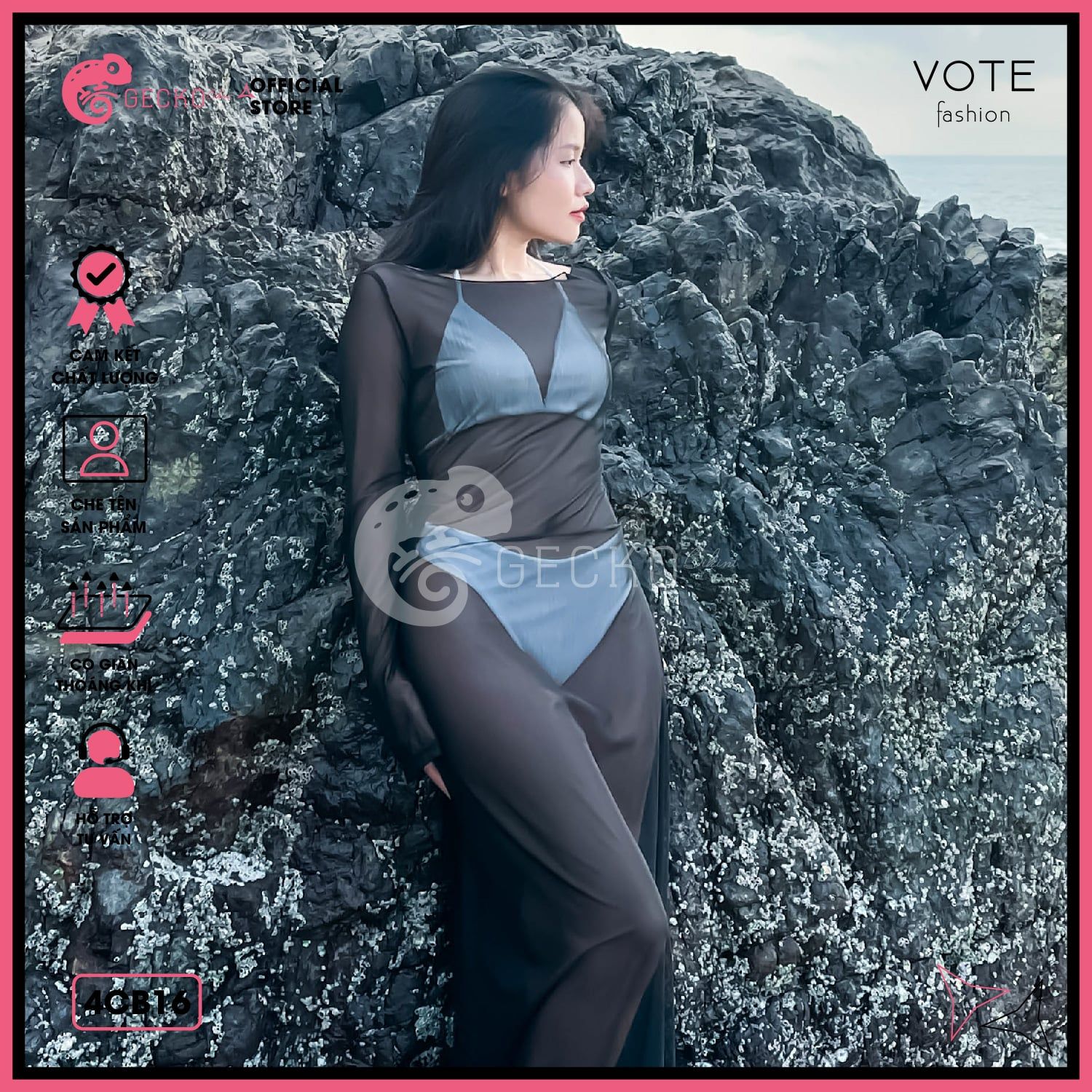  Combo 3 Món Bikini 2 Mảnh Phối Áo Lưới Trễ Vai Mặc Ngoài GECKO 4CB16 