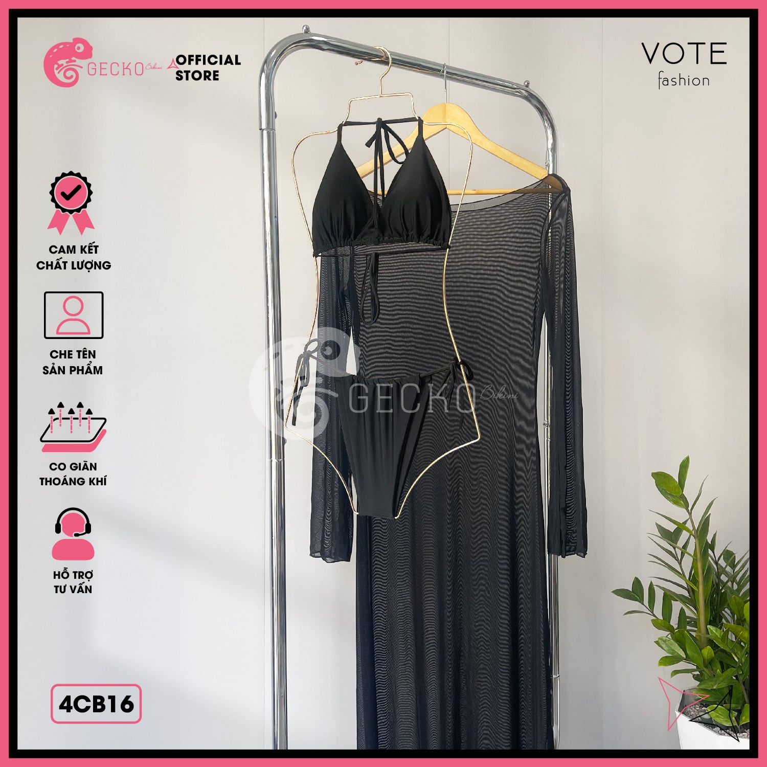  Combo 3 Món Bikini 2 Mảnh Phối Áo Lưới Trễ Vai Mặc Ngoài GECKO 4CB16 