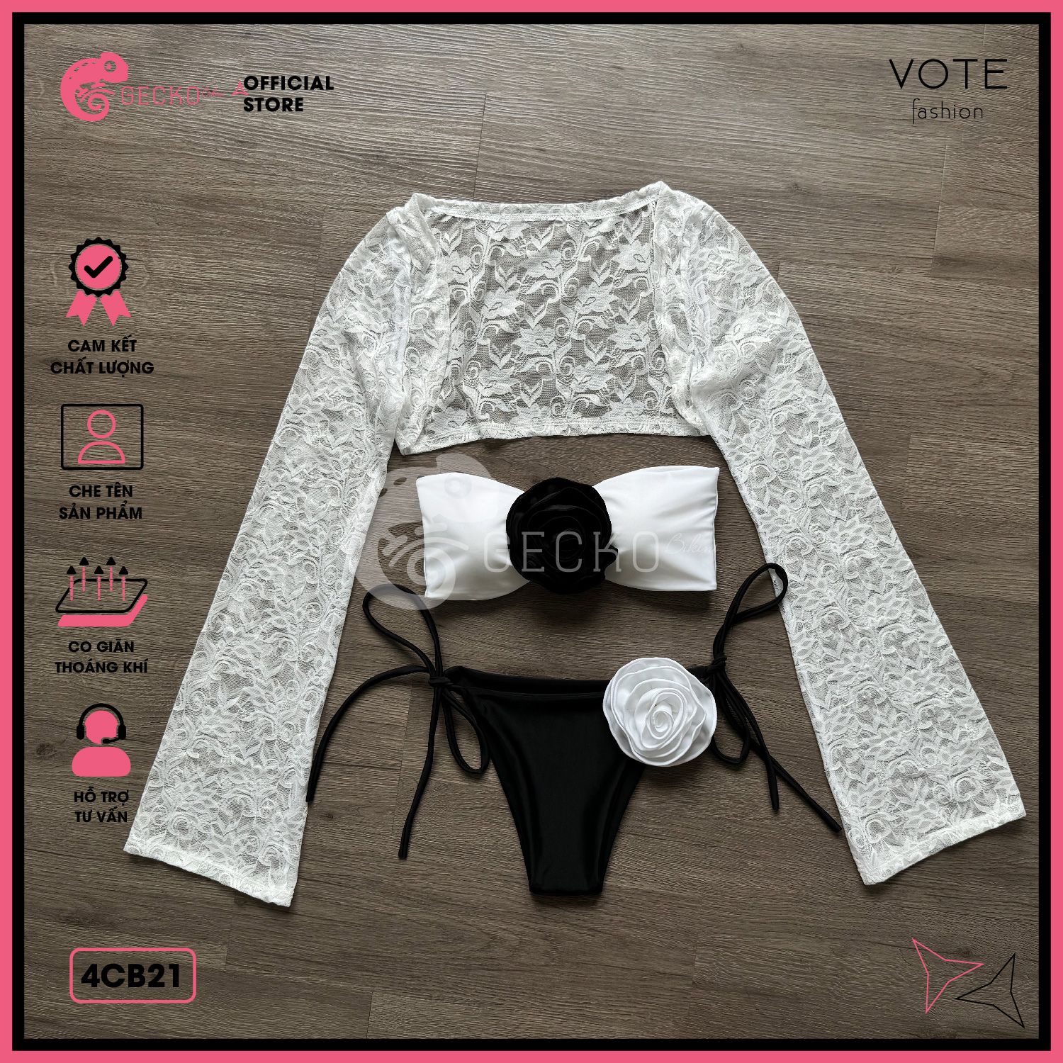  Combo 3 Món Áo Ren Cover Mix Bikini Hoa Hồng GECKO 4CB21 