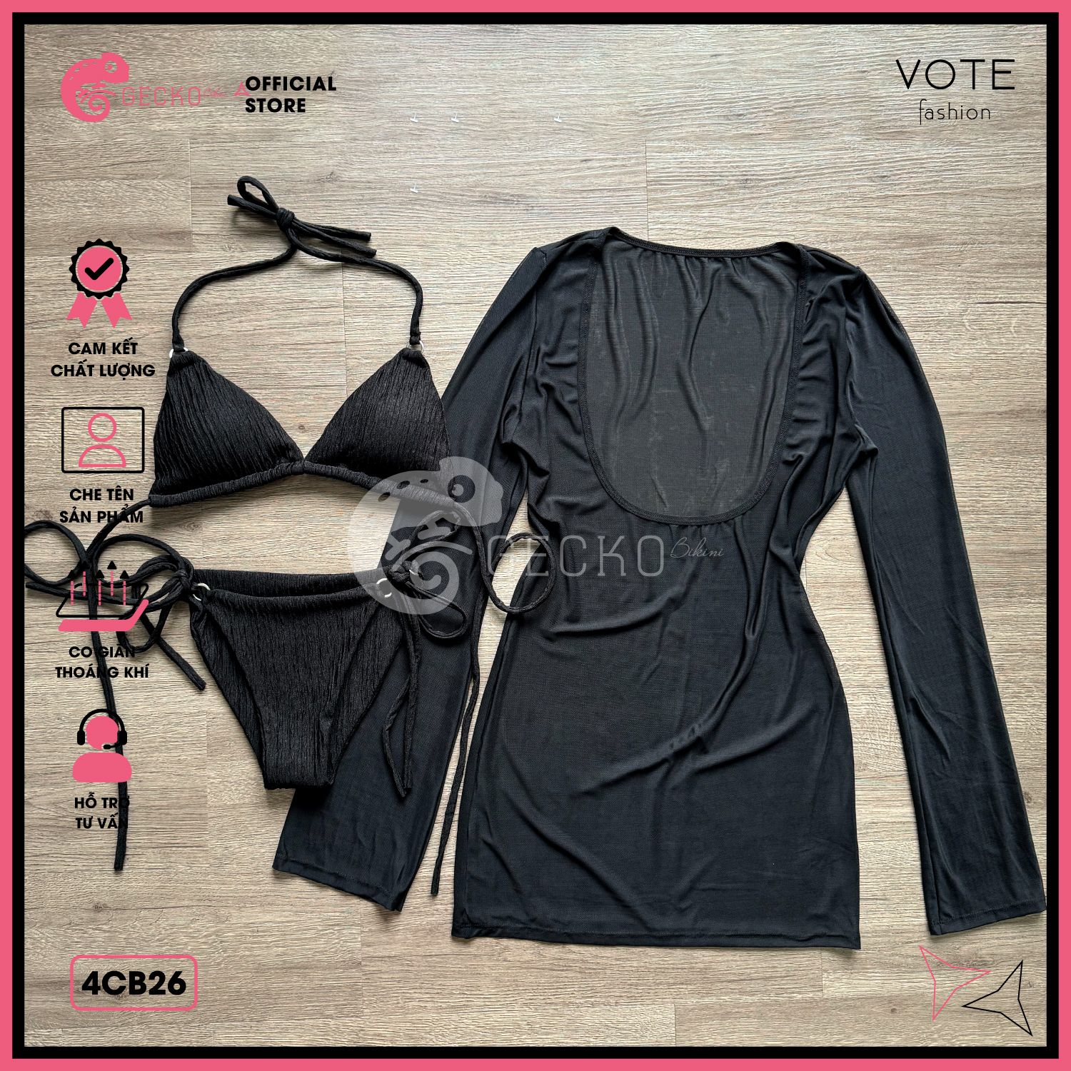  Combo 3 Món Bikini 6 Khoen Phối Áo Lưới Khoét Dáng Ngắn GECKO 4CB26 