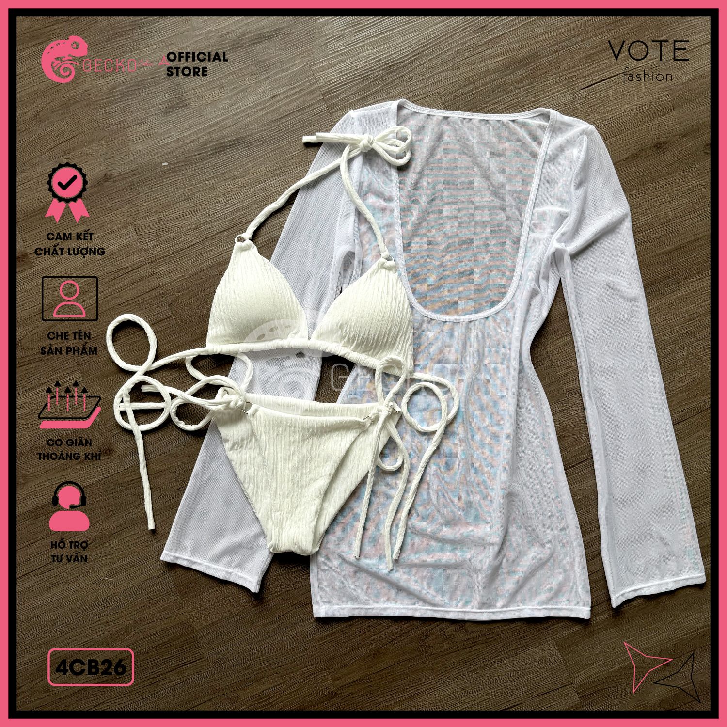  Combo 3 Món Bikini 6 Khoen Phối Áo Lưới Khoét Dáng Ngắn GECKO 4CB26 