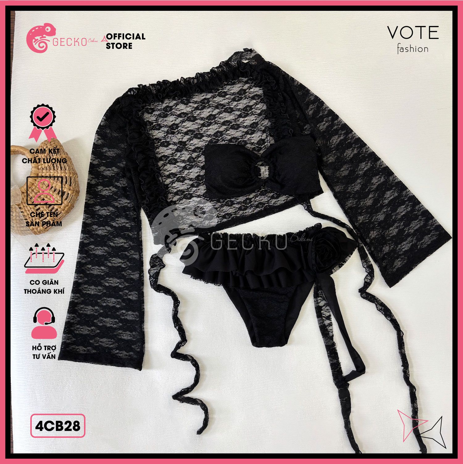  Combo 3 Món Bikini Áo Lưới Ren Hoa Bikini Váy Bèo GECKO 4CB28 
