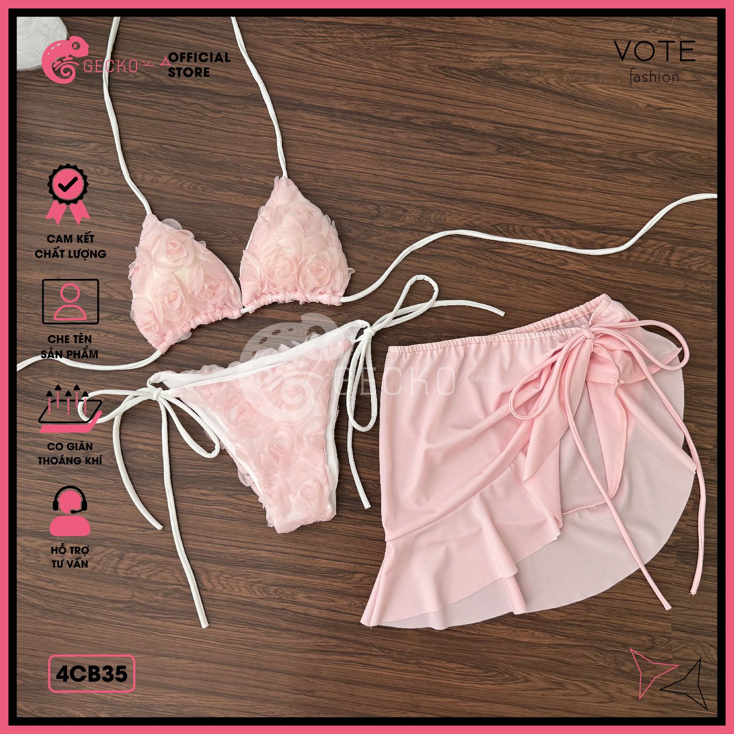  Combo 3 Món Bikini Hoa Hồng Phối Váy Cute GECKO 4CB35 
