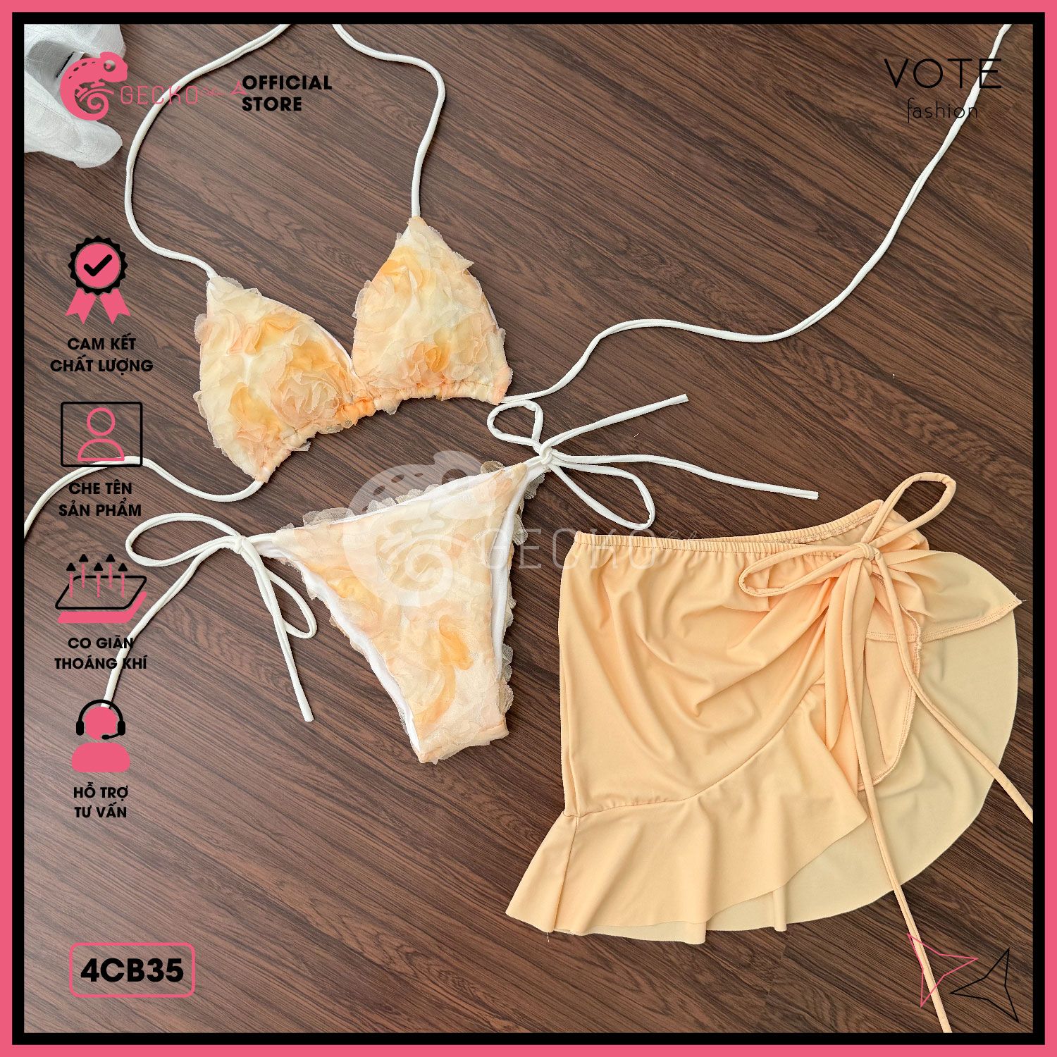  Combo 3 Món Bikini Hoa Hồng Phối Váy Cute GECKO 4CB35 