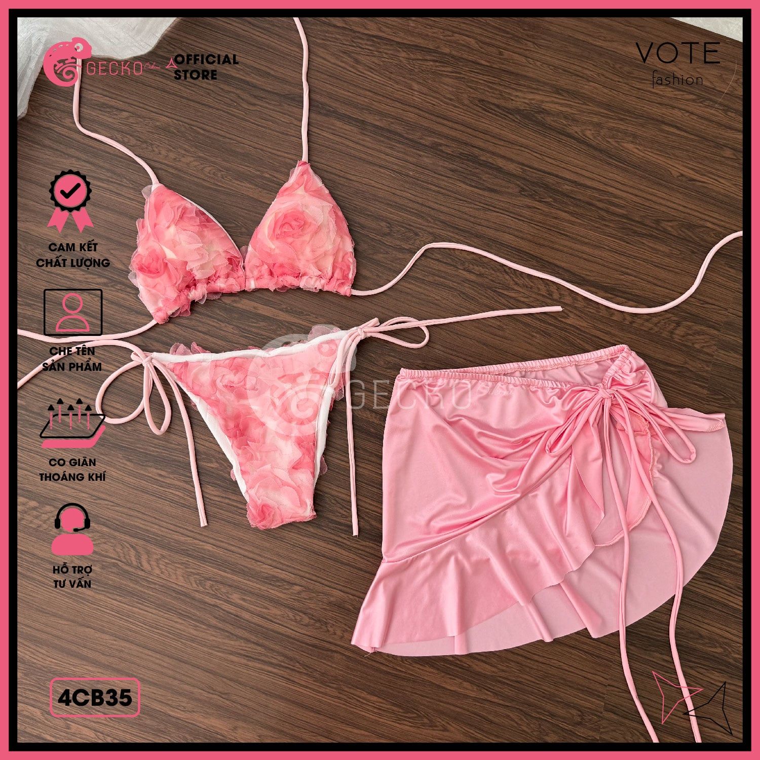  Combo 3 Món Bikini Hoa Hồng Phối Váy Cute GECKO 4CB35 