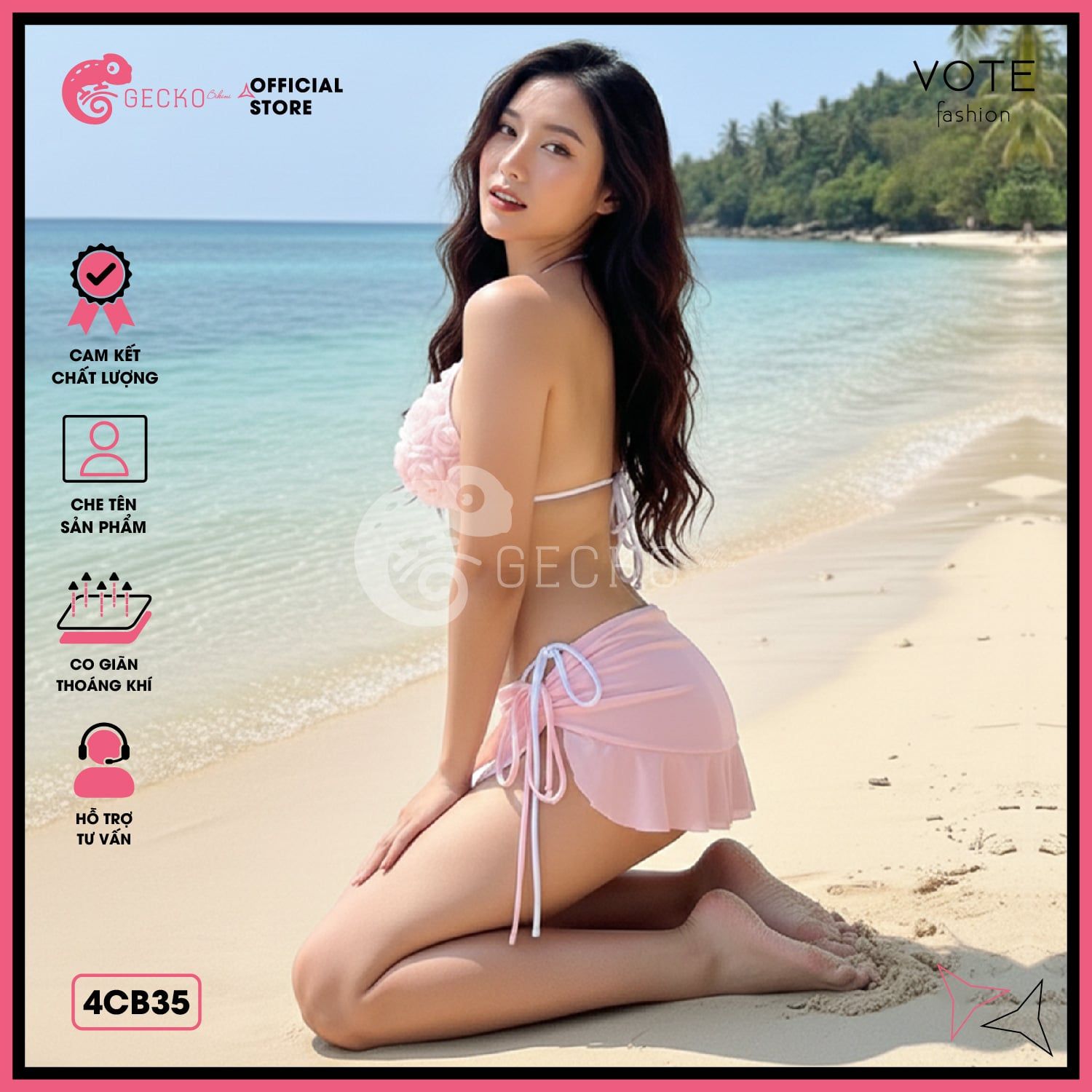  Combo 3 Món Bikini Hoa Hồng Phối Váy Cute GECKO 4CB35 
