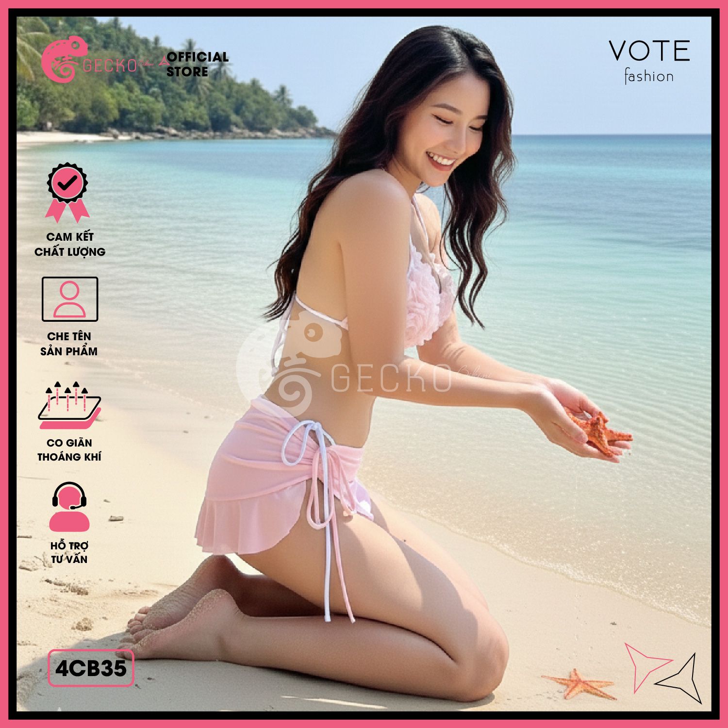  Combo 3 Món Bikini Hoa Hồng Phối Váy Cute GECKO 4CB35 