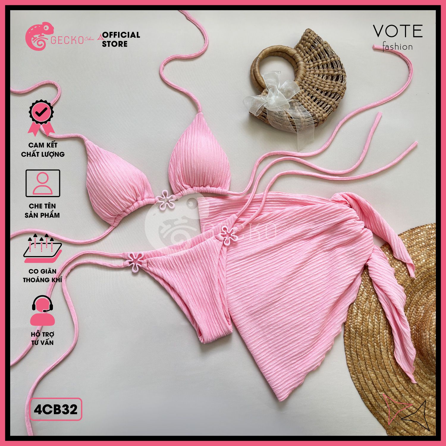  Combo 3 Món Bikini Tam Giác Mix Khoen Charm Kèm Khăn Cute GECKO 4CB32 