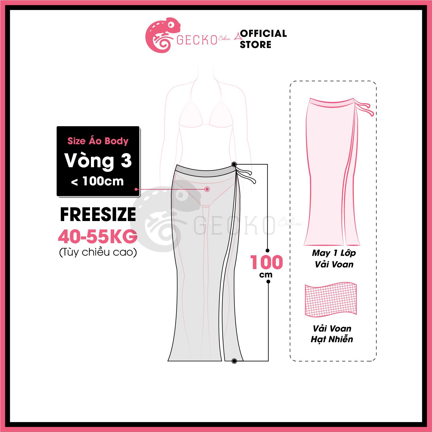  Chân Váy Voan Mặc Kèm Bikini Dài 1m GECKO 3PK02 