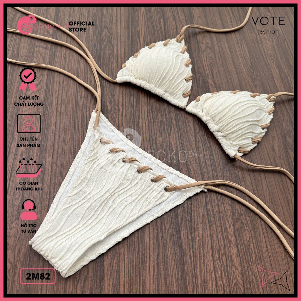  Bikini 2 Mảnh Tam Giác Hoạ Tiết Gợn Sóng Mix Dây Màu Nude Dễ Thương GECKO 2M82 