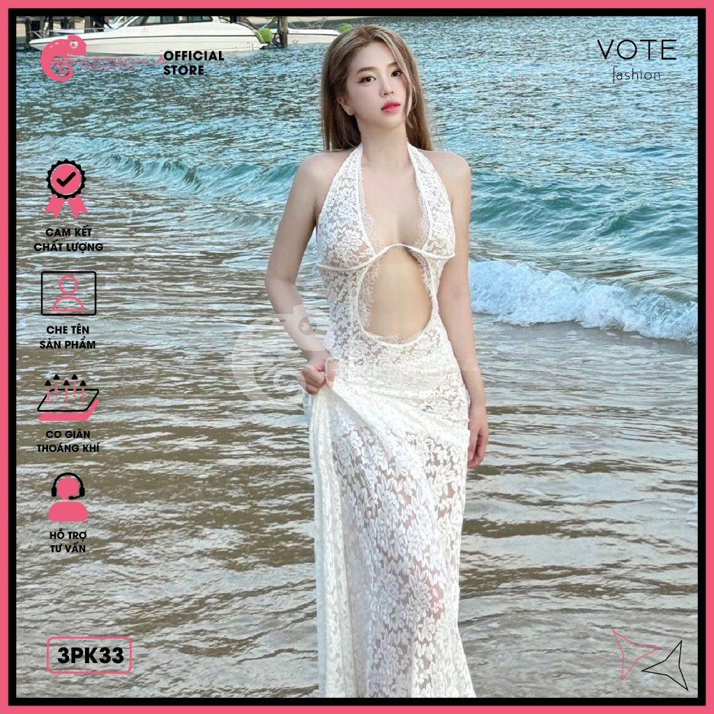  Đầm Ren Dáng Dài Hở Lưng Phối Chân Ren Mặc Cùng Bikini GECKO 3PK33 