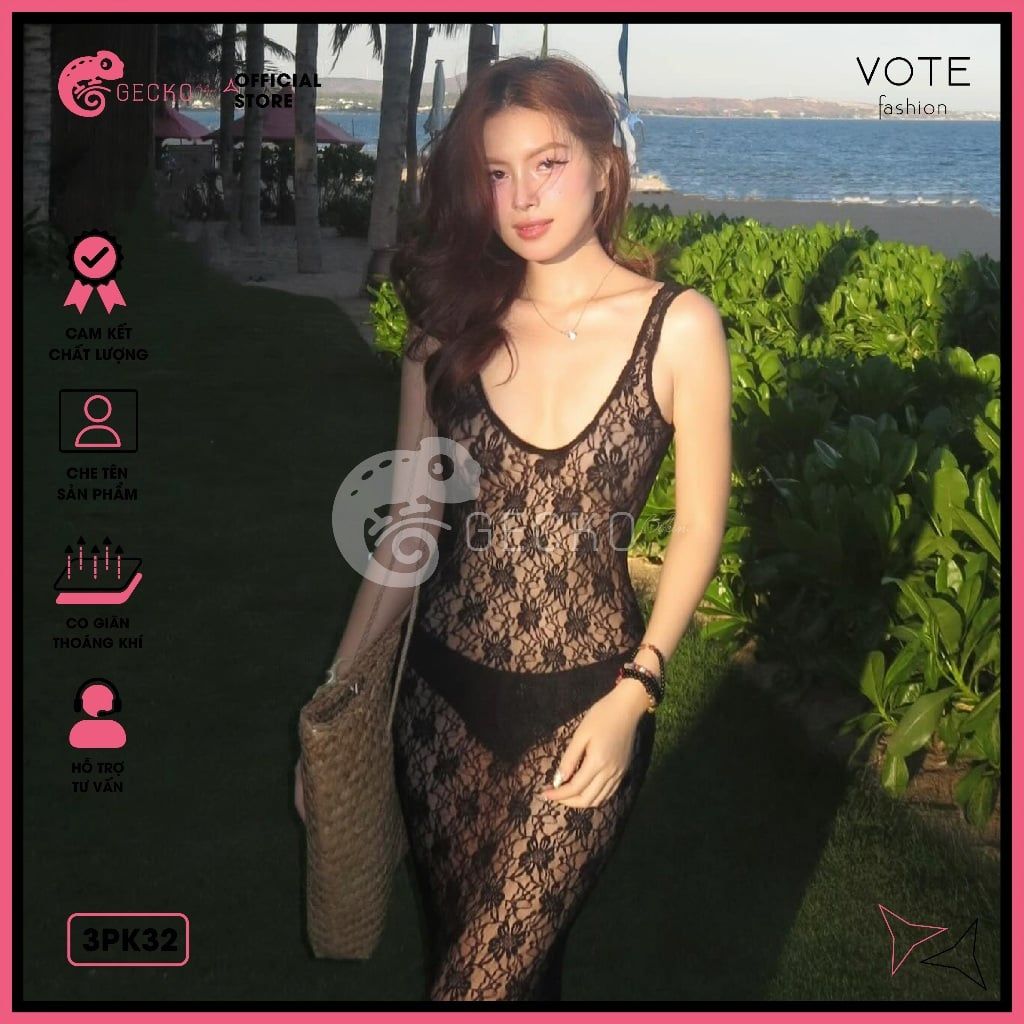 Áo Lưới Ren Hoa 2 Dây Khoét Lưng Mặc Cùng Bikini GECKO 3PK32 