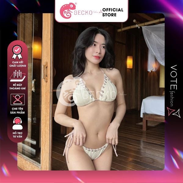  Bikini 2 Mảnh Tam Giác Hoạ Tiết Gợn Sóng Mix Dây Màu Nude Dễ Thương GECKO 2M82 