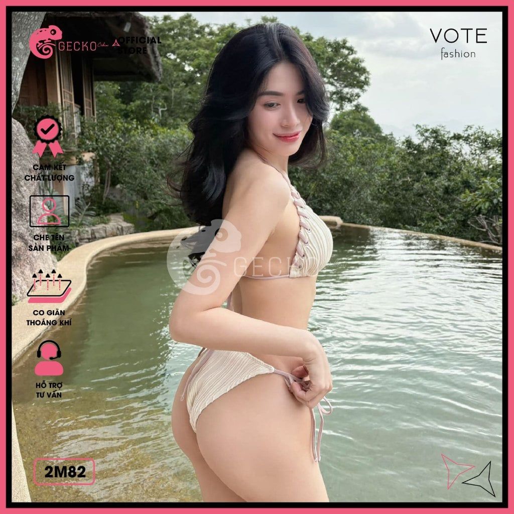 Bikini 2 Mảnh Tam Giác Hoạ Tiết Gợn Sóng Mix Dây Màu Nude Dễ Thương GECKO 2M82 