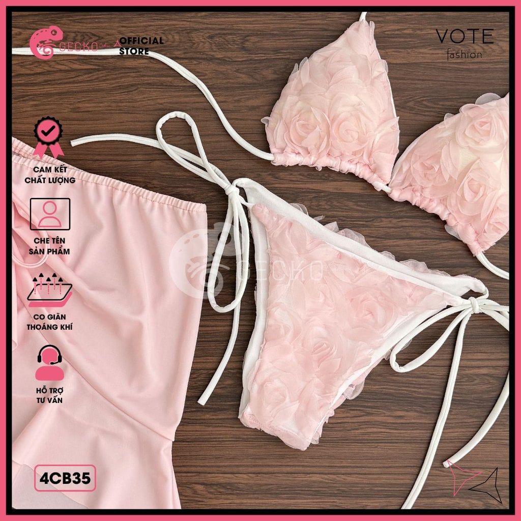  Combo 3 Món Bikini Hoa Hồng Phối Váy Cute GECKO 4CB35 