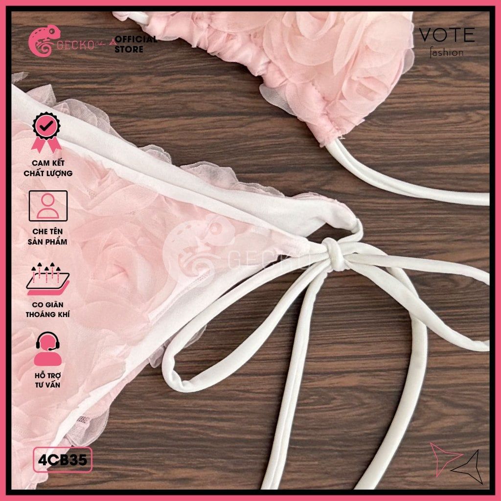  Combo 3 Món Bikini Hoa Hồng Phối Váy Cute GECKO 4CB35 