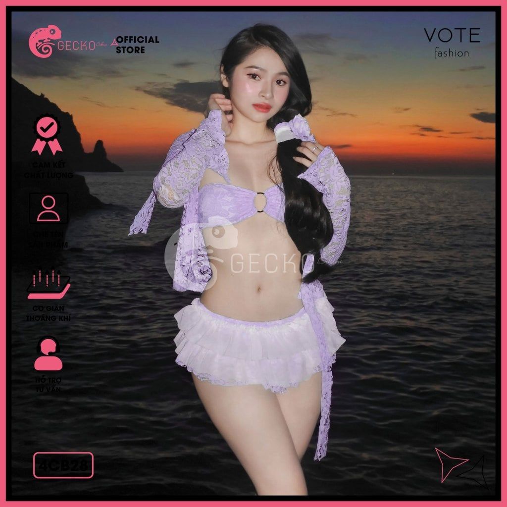  Combo 3 Món Bikini Áo Lưới Ren Hoa Bikini Váy Bèo GECKO 4CB28 