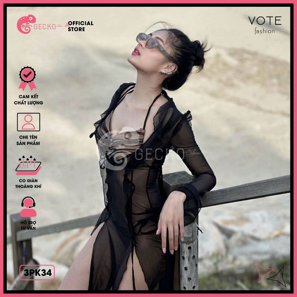  Áo Lưới Cover Bikini Khoét Ngực Xẻ Tà Sexy GECKO 3PK34 